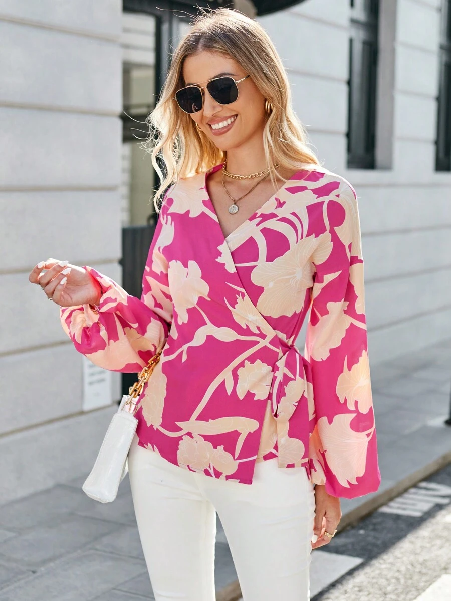 SHEIN Clasi Áo sơ mi nữ Trọn gói Thắt nút Hoa Tất cả trên in Boho - Nhiều màu - Xem 1