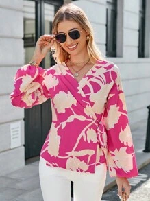 SHEIN Clasi Áo sơ mi nữ Trọn gói Thắt nút Hoa Tất cả trên in Boho - Nhiều màu - Xem 3