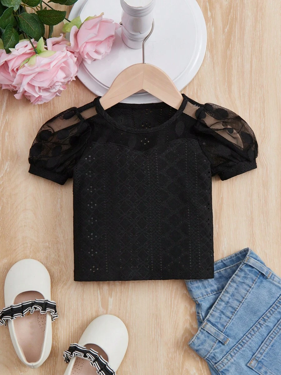 SHEIN Baby Girl Contrast Mesh Puff Sleeve Tee - Black - View 1