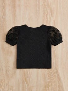 SHEIN Baby Girl Contrast Mesh Puff Sleeve Tee - Black - View 2