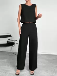 SHEIN LUNE Bộ đồ hai mảnh nữ Nút Túi màu trơn Giải trí - màu đen - Xem 3