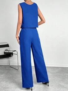 SHEIN Essnce Chất rắn Áo & Quần ống rộng - Xanh đậm - Xem 2