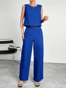 SHEIN Essnce Chất rắn Áo & Quần ống rộng - Xanh đậm - Xem 3