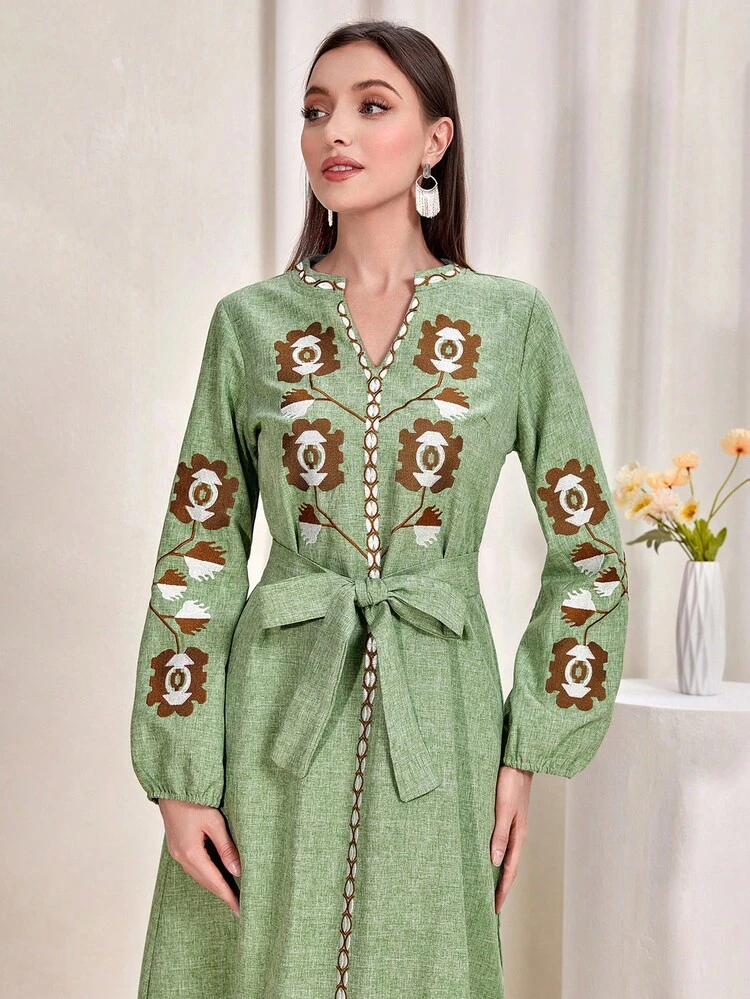 Graphic Embroidery Notched Neckline Belted Dress