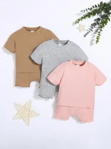 SHEIN Baby 3pcs Ribbed Knit Tee & 3pcs Shorts - Light Grey - View 1