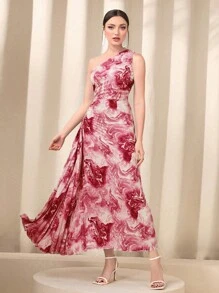 Modelyn In Đá cẩm thạch Một bờ vai Viền ven Chi tiết draped Đầm - Đỏ - Xem 1