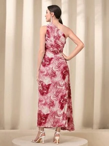 Modelyn In Đá cẩm thạch Một bờ vai Viền ven Chi tiết draped Đầm - Đỏ - Xem 2