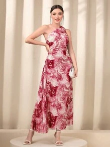 Modelyn In Đá cẩm thạch Một bờ vai Viền ven Chi tiết draped Đầm - Đỏ - Xem 3