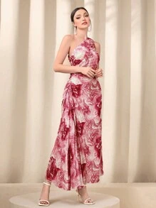Modelyn In Đá cẩm thạch Một bờ vai Viền ven Chi tiết draped Đầm - Đỏ - Xem 5