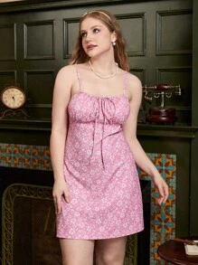 SHEIN MOD 大碼碎花胸部褶皺吊帶連衣裙 - 粉色 - 查看 3