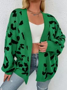 SHEIN LUNE 大碼豹紋圖案落肩袖開襟開衫 - 彩色 - 查看 1