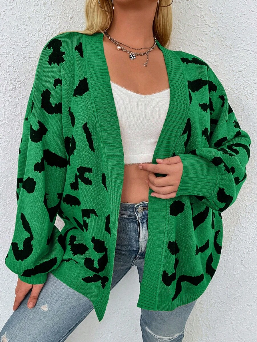 SHEIN LUNE 大碼豹紋圖案落肩袖開襟開衫 - 彩色 - 查看 1