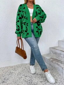 SHEIN LUNE 大碼豹紋圖案落肩袖開襟開衫 - 彩色 - 查看 4