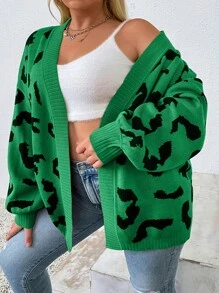 SHEIN LUNE 大碼豹紋圖案落肩袖開襟開衫 - 彩色 - 查看 6