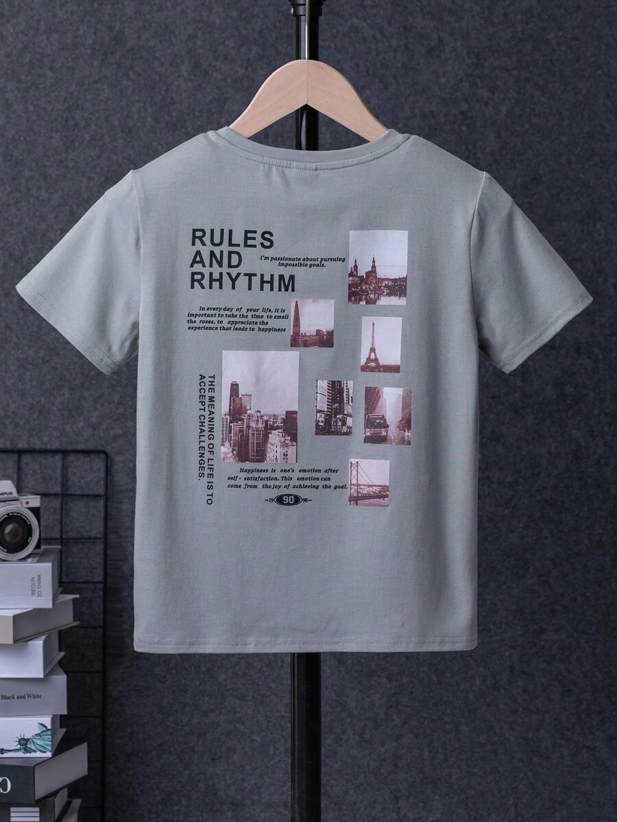 SHEIN Tops con trai Đồ họa Slogan Giải trí - Màu xanh Bạc hà - Xem 1