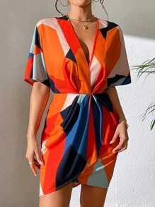 Chiquease Geo Print Batwing Sleeve Ruched Wrap Hem Dress - Multicolor - View 3