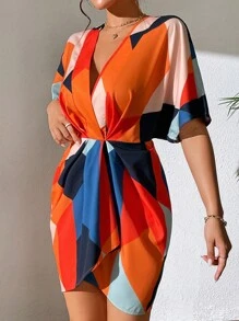 Chiquease Geo Print Batwing Sleeve Ruched Wrap Hem Dress - Multicolor - View 4