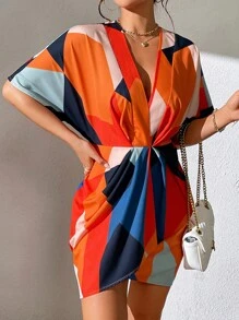 Chiquease Geo Print Batwing Sleeve Ruched Wrap Hem Dress - Multicolor - View 5