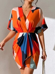 Chiquease Geo Print Batwing Sleeve Ruched Wrap Hem Dress - Multicolor - View 6