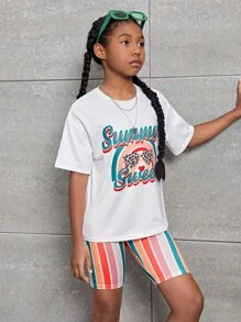 SHEIN Leap Crew 適合青少女的字母圖形T恤和條紋摩托車短褲