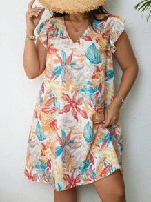 SHEIN VCAY Plus Tropical Print Ruffle Trim Dress - Apricot - View 1