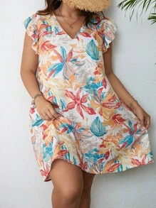 SHEIN VCAY Plus Tropical Print Ruffle Trim Dress - Apricot - View 4