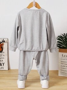 SHEIN 男小童標語圖案衛衣和衛褲 - 灰色 - 查看 2
