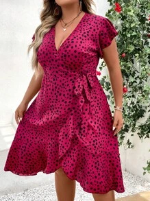 SHEIN LUNE Đầm Plus Size Thắt nút Trọn gói Viên lá sen Tất cả trên in Giải trí - Màu Hồng Tươi - Xem 3
