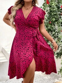 SHEIN LUNE Đầm Plus Size Thắt nút Trọn gói Viên lá sen Tất cả trên in Giải trí - Màu Hồng Tươi - Xem 4