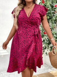 SHEIN LUNE Đầm Plus Size Thắt nút Trọn gói Viên lá sen Tất cả trên in Giải trí - Màu Hồng Tươi - Xem 5