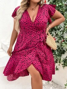 SHEIN LUNE Đầm Plus Size Thắt nút Trọn gói Viên lá sen Tất cả trên in Giải trí - Màu Hồng Tươi - Xem 6
