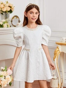 SHEIN Girls Puff Sleeve Pearls Beaded Dress - White - View 1