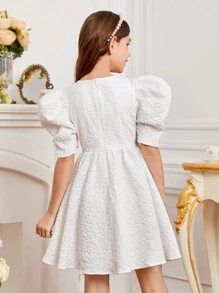 SHEIN Girls Puff Sleeve Pearls Beaded Dress - White - View 2