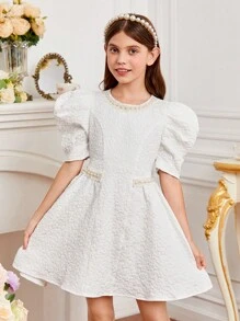SHEIN Girls Puff Sleeve Pearls Beaded Dress - White - View 3