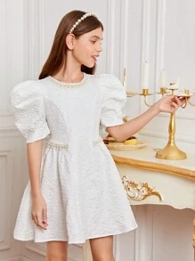 SHEIN Girls Puff Sleeve Pearls Beaded Dress - White - View 5