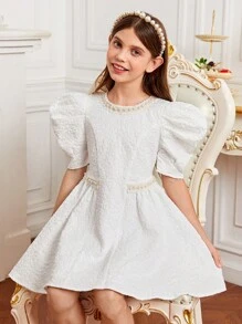 SHEIN Girls Puff Sleeve Pearls Beaded Dress - White - View 6