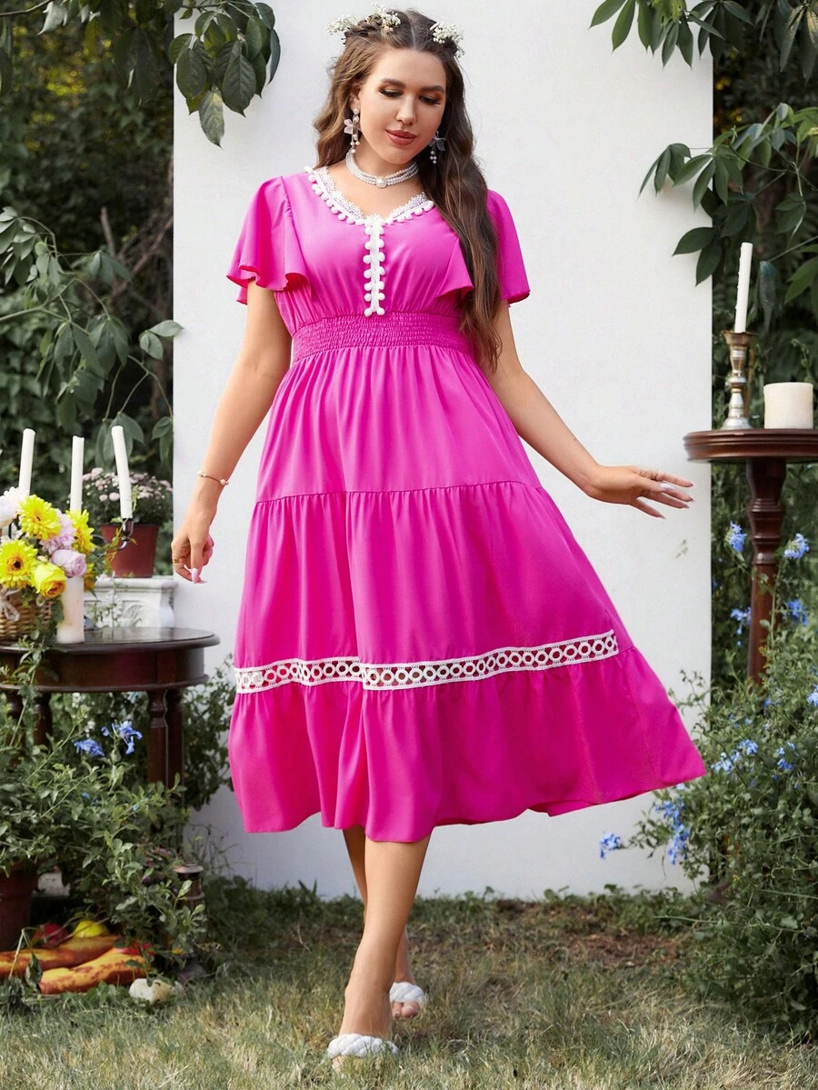 SHEIN Holidaya Đầm Plus Size Tương phản ren Viên lá sen Dải chun Khối Màu Giải trí - Màu Hồng Tươi - Xem 1