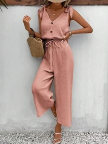 SHEIN Frenchy 肩上打結前紐扣闊腿連體褲 - 珊瑚粉 - 查看 3