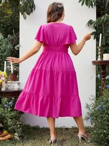 SHEIN Holidaya Đầm Plus Size Tương phản ren Viên lá sen Dải chun Khối Màu Giải trí - Màu Hồng Tươi - Xem 2