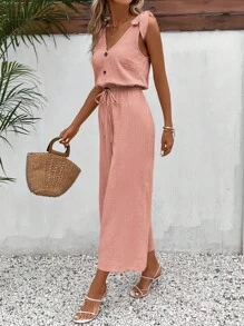 SHEIN Frenchy 肩上打結前紐扣闊腿連體褲 - 珊瑚粉 - 查看 4