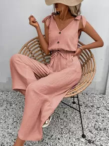 SHEIN Frenchy 肩上打結前紐扣闊腿連體褲 - 珊瑚粉 - 查看 1