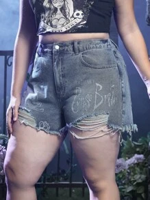 Corpse Bride | ROMWE Hơn Đồ họa Chữ cái Rách Cắt Thô Quần short Denim - Rửa trung bình - Xem 4
