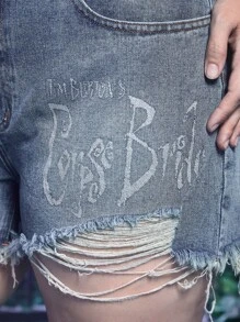 Corpse Bride | ROMWE Hơn Đồ họa Chữ cái Rách Cắt Thô Quần short Denim - Rửa trung bình - Xem 6
