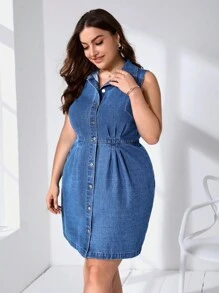 SHEIN Privé 大碼前紐扣牛仔裙 - 中等水洗藍 - 查看 4