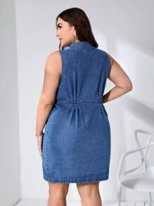 SHEIN Privé 大碼前紐扣牛仔裙 - 中等水洗藍 - 查看 2