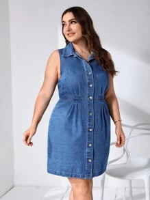 SHEIN Privé 大碼前紐扣牛仔裙 - 中等水洗藍 - 查看 3