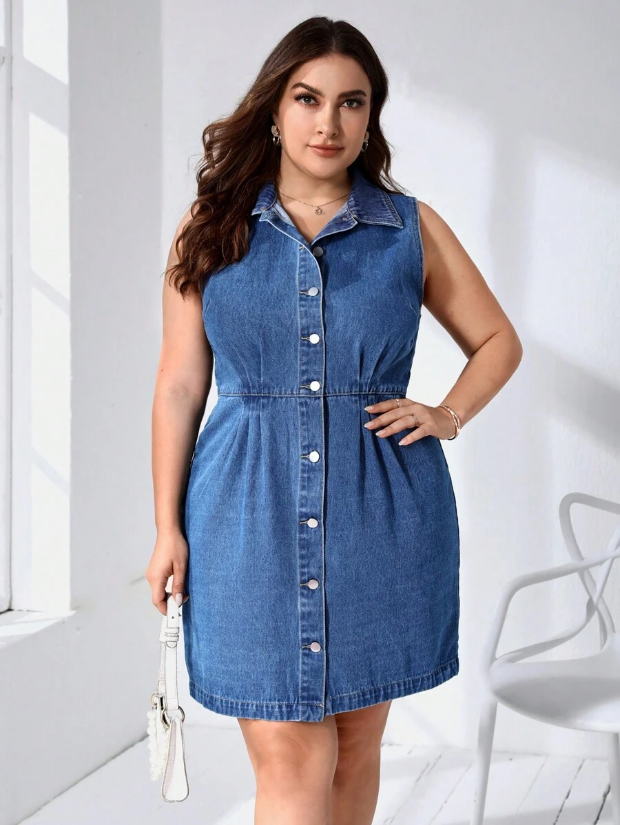 SHEIN Privé 大碼前紐扣牛仔裙 - 中等水洗藍 - 查看 1