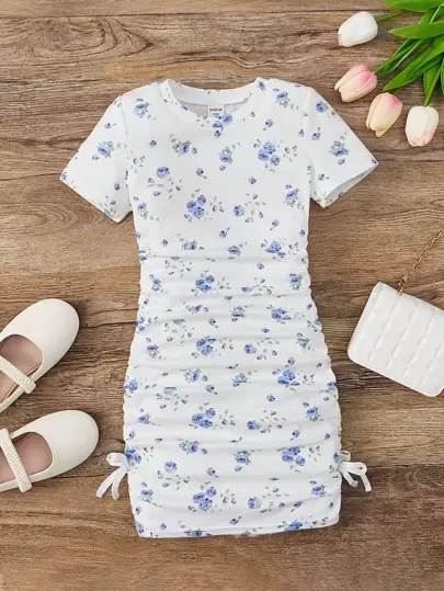 Tween Girls Casual Home & Vacation Lightweight Ditsy Floral Ruched Side Bow Decor Form-Fitting Short Sleeve T-Shirt Dress, Knit Striped Print Midi Dress