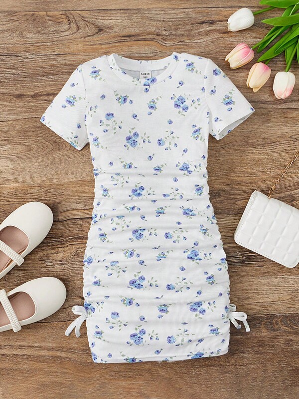 Rochie midi tricotată cu imprimeu dungat, casual, pentru fete mici, acasă și în vacanță