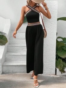 SHEIN VCAY Contrast Tape Top & Wide Leg Pants - Black - View 1